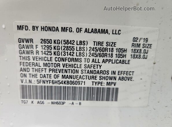 5FNYF6H54KB060971 2019 HONDA PILOT White VIN կոդի պիտակի տեսք