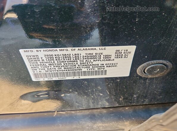 5FNYF6H54KB089290 2019 HONDA PILOT Green Вид наклейки з VIN-кодом