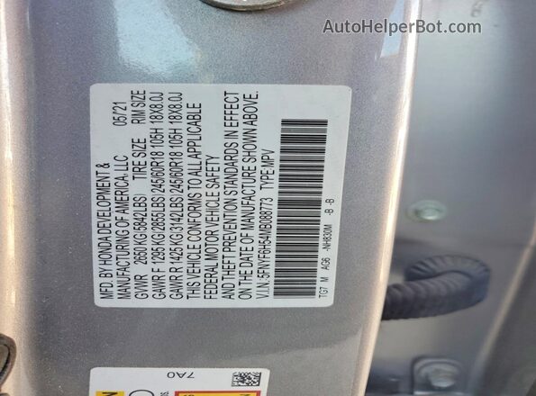 5FNYF6H54MB088773 2021 HONDA PILOT Silver 360 interior view