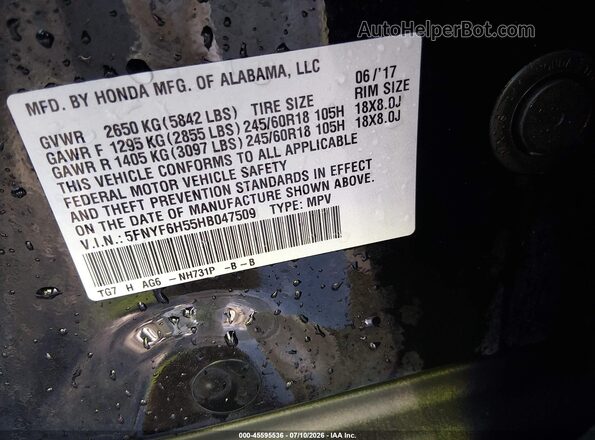 5FNYF6H55HB047509 2017 HONDA PILOT Black Вид підкапотного простору