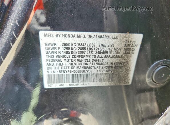5FNYF6H55JB007260 2018 HONDA PILOT Black Vista de la etiqueta del VIN