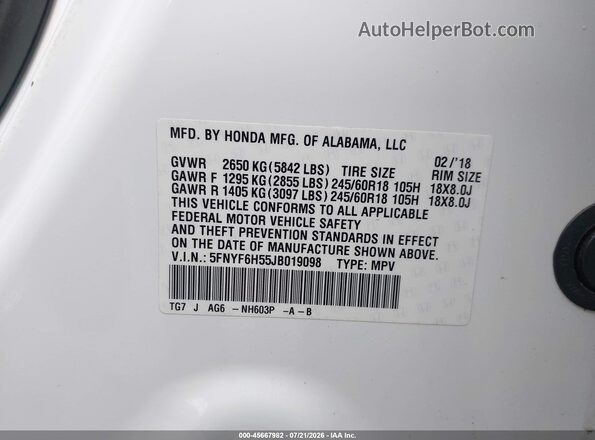 5FNYF6H55JB019098 2018 HONDA PILOT White Շարժիչի բաժամունքի տեսք