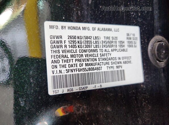5FNYF6H55JB064607 2018 HONDA PILOT Черный Вид наклейки с VIN-кодом