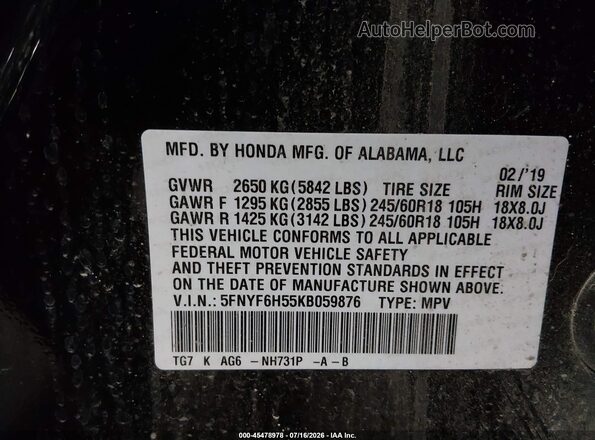 5FNYF6H55KB059876 2019 HONDA PILOT Black Engine compartment view