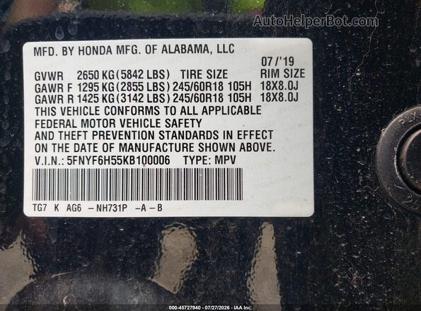 5FNYF6H55KB100006 2019 HONDA PILOT Black Engine compartment view