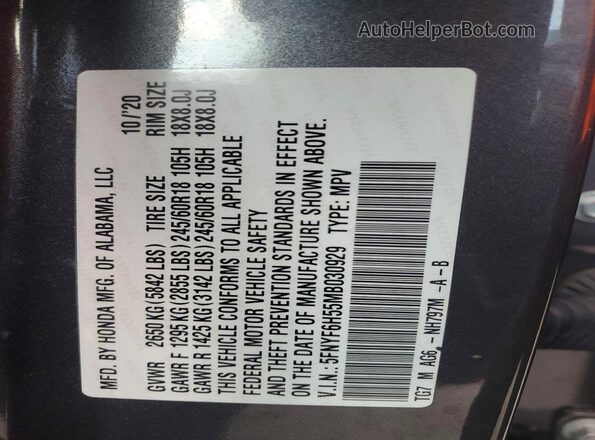 5FNYF6H55MB030929 2021 HONDA PILOT Gray Вид наклейки з VIN-кодом