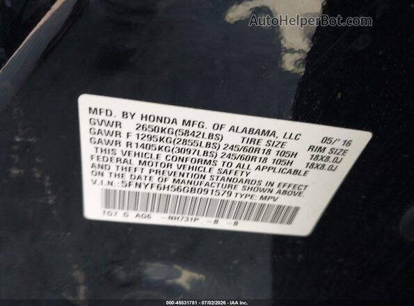 5FNYF6H56GB091579 2016 HONDA PILOT Black Вид підкапотного простору