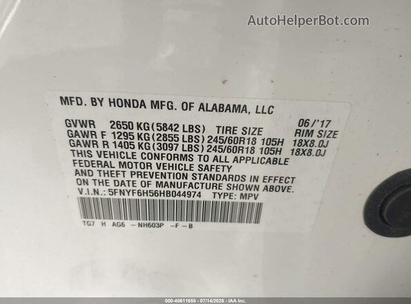 5FNYF6H56HB044974 2017 HONDA PILOT White Շարժիչի բաժամունքի տեսք