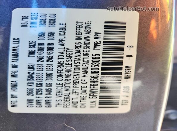 5FNYF6H56JB053065 2018 HONDA PILOT Gray VIN կոդի պիտակի տեսք