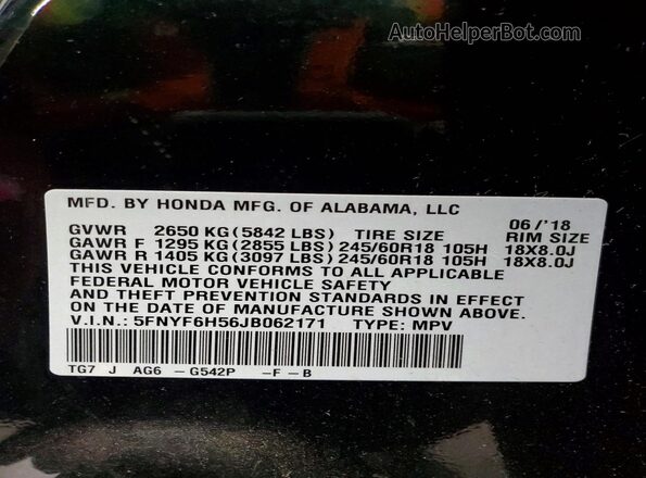 5FNYF6H56JB062171 2018 HONDA PILOT Green VIN კოდის სტიკერის ხედი