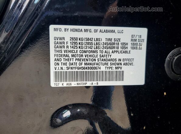 5FNYF6H56KB000674 2019 HONDA PILOT Black Вид підкапотного простору