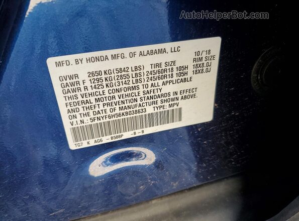 5FNYF6H56KB038633 2019 HONDA PILOT Blue Vista de la etiqueta del VIN