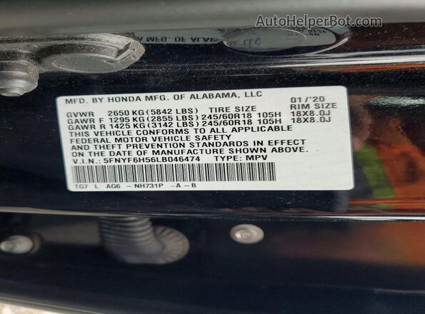 5FNYF6H56LB046474 2020 HONDA PILOT Black VIN sticker view