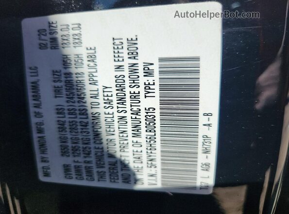 5FNYF6H56LB050315 2020 HONDA PILOT Black Widok naklejki z numerem VIN