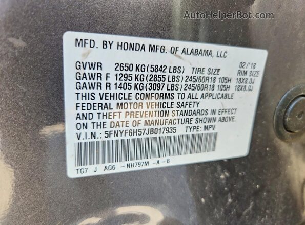 5FNYF6H57JB017935 2018 HONDA PILOT Gray VIN կոդի պիտակի տեսք