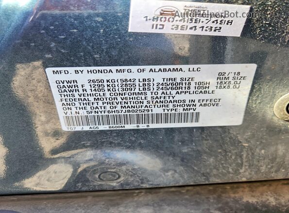 5FNYF6H57JB025291 2018 HONDA PILOT Blue VIN კოდის სტიკერის ხედი