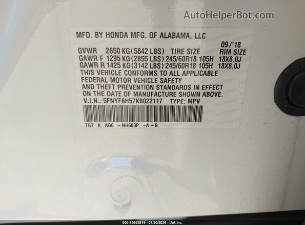 5FNYF6H57KB022117 2019 HONDA PILOT White Вид підкапотного простору