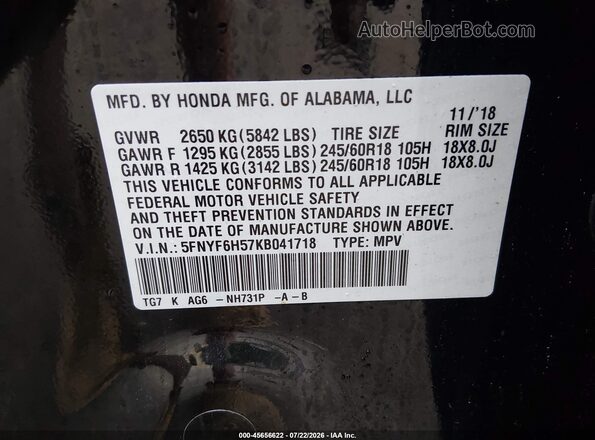 5FNYF6H57KB041718 2019 HONDA PILOT Black Вид підкапотного простору