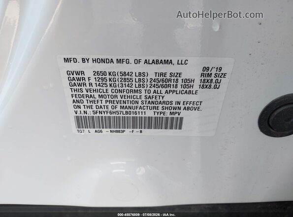 5FNYF6H57LB016111 2020 HONDA PILOT White ძრავის განყოფილების ხედი