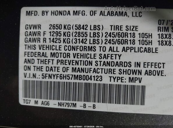 5FNYF6H57MB004123 2021 HONDA PILOT Gray Vista del compartimento del motor