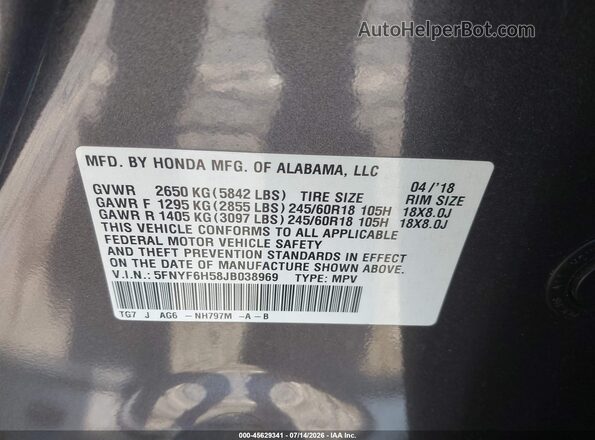 5FNYF6H58JB038969 2018 HONDA PILOT Gray Շարժիչի բաժամունքի տեսք