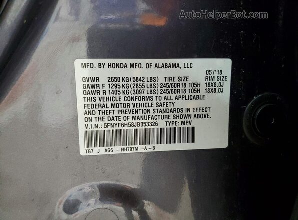 5FNYF6H58JB053326 2018 HONDA PILOT Gray Widok wnętrza 360 stopni