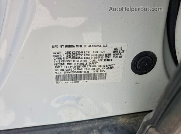 5FNYF6H58LB018546 2020 HONDA PILOT White VIN sticker view