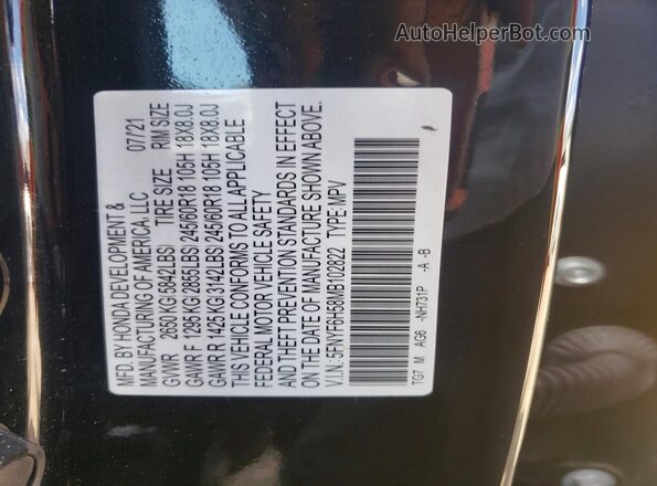 5FNYF6H58MB102822 2021 HONDA PILOT Black Vista de la etiqueta del VIN