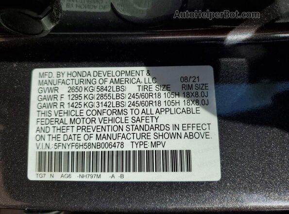 5FNYF6H58NB006478 2022 HONDA PILOT Gray Панорамний вид салону 360°