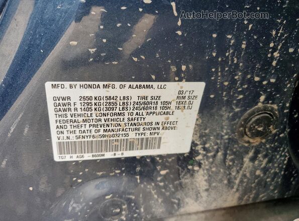 5FNYF6H59HB032155 2017 HONDA PILOT Blue Vista de la etiqueta del VIN