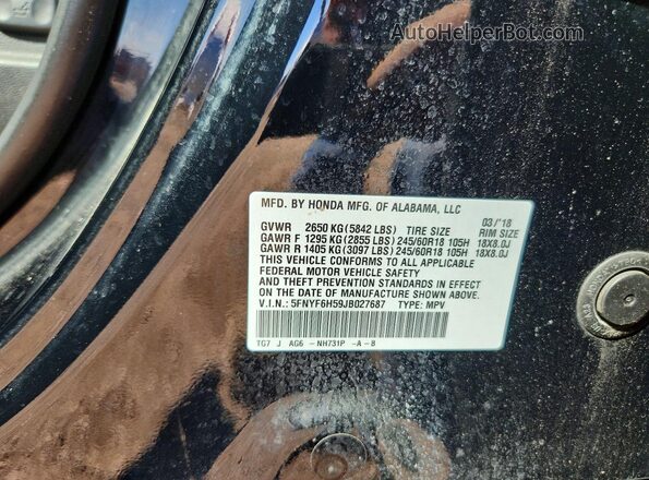 5FNYF6H59JB027687 2018 HONDA PILOT Black ძრავის განყოფილების ხედი