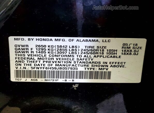 5FNYF6H59JB057935 2018 HONDA PILOT Black Widok naklejki z numerem VIN