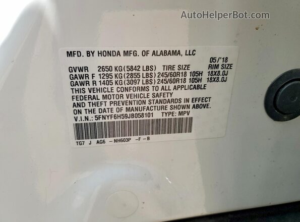 5FNYF6H59JB058101 2018 HONDA PILOT White Widok komory silnika