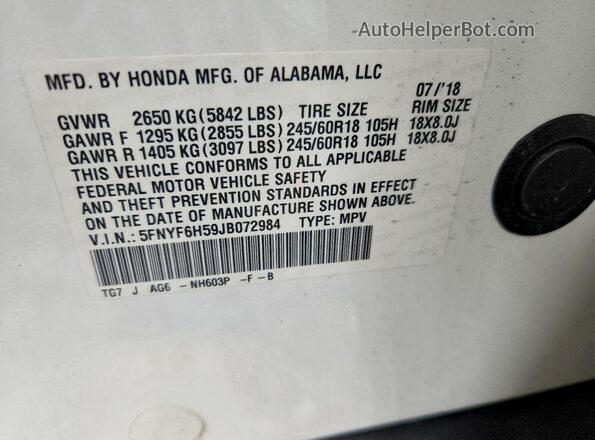 5FNYF6H59JB072984 2018 HONDA PILOT White VIN կոդի պիտակի տեսք