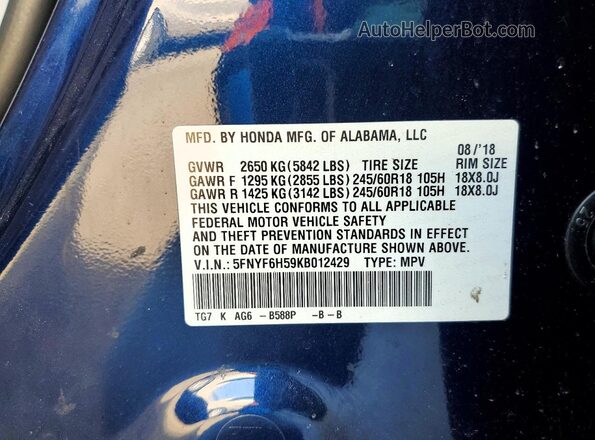 5FNYF6H59KB012429 2019 HONDA PILOT Blue Вид наклейки з VIN-кодом