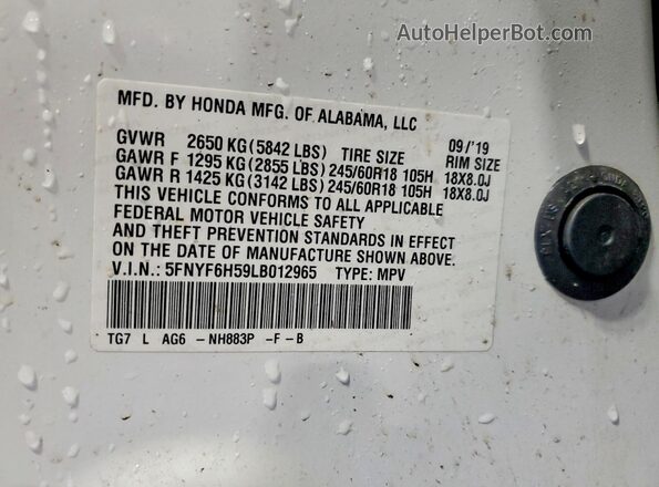 5FNYF6H59LB012965 2020 HONDA PILOT White Vista de la etiqueta del VIN