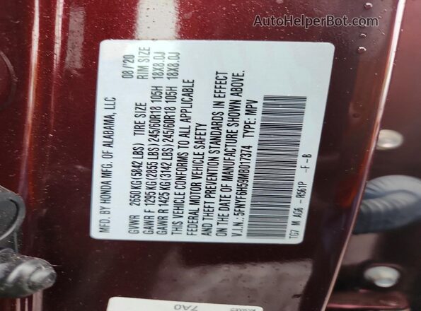 5FNYF6H59MB017374 2021 HONDA PILOT Burgundy Вид наклейки з VIN-кодом