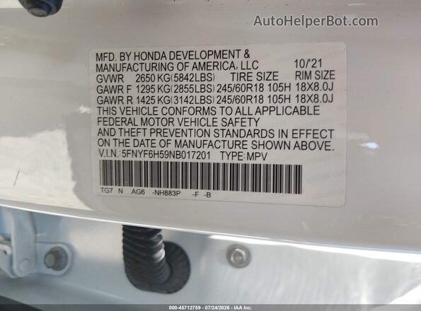 5FNYF6H59NB017201 2022 HONDA PILOT White Vista del compartimento del motor