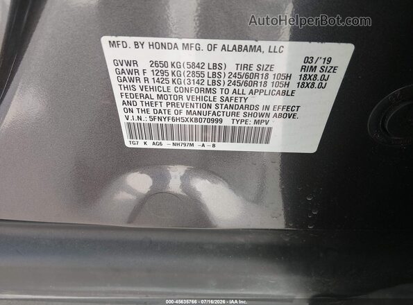5FNYF6H5XKB070999 2019 HONDA PILOT Gray Widok komory silnika