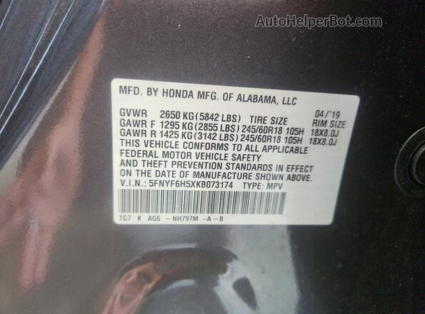 5FNYF6H5XKB073174 2019 HONDA PILOT Gray Widok naklejki z numerem VIN