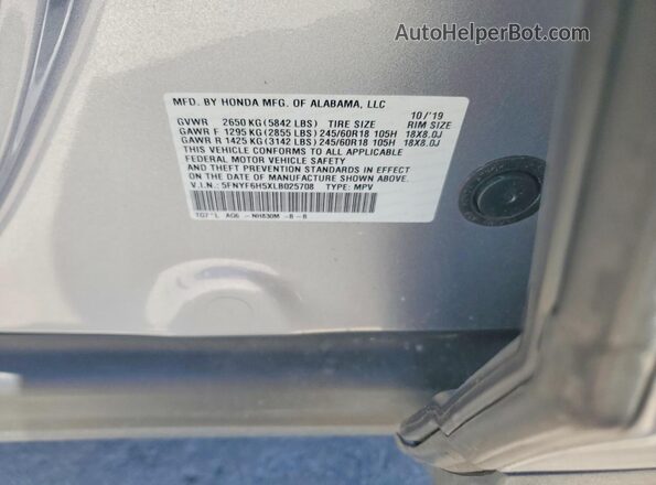 5FNYF6H5XLB025708 2020 HONDA PILOT Silver Engine compartment view