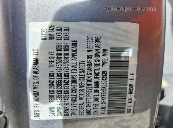 5FNYF6H5XLB042539 2020 HONDA PILOT Silver VIN კოდის სტიკერის ხედი