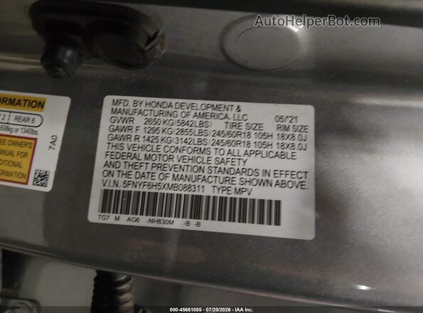 5FNYF6H5XMB088311 2021 HONDA PILOT Silver Vista del compartimento del motor