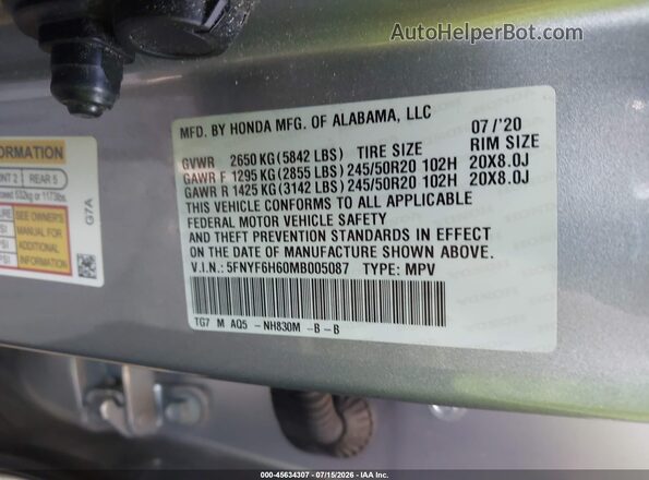 5FNYF6H60MB005087 2021 HONDA PILOT Silver Շարժիչի բաժամունքի տեսք