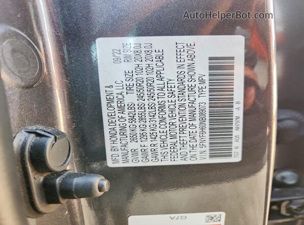 5FNYF6H60NB089073 2022 HONDA PILOT Gray Widok wnętrza 360 stopni