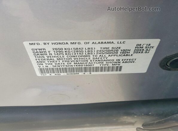 5FNYF6H61KB018007 2019 HONDA PILOT Silver VIN sticker view