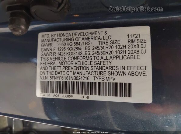 5FNYF6H61NB024216 2022 HONDA PILOT Blue Вид підкапотного простору