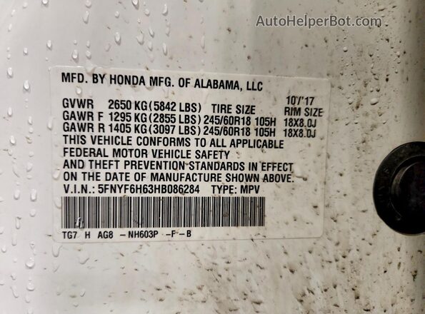 5FNYF6H63HB086284 2017 HONDA PILOT White Engine compartment view