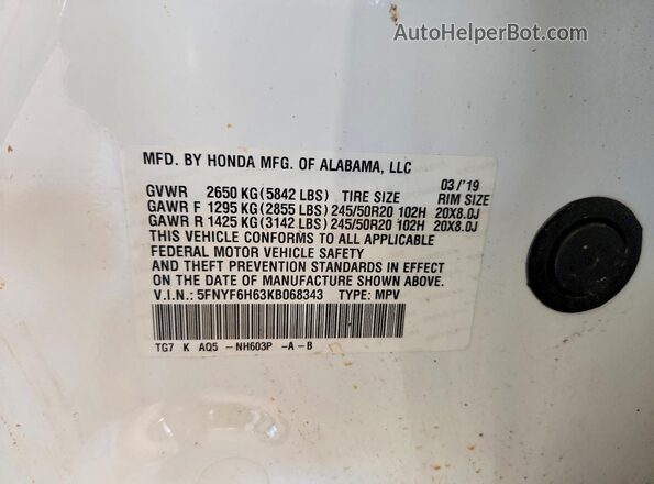 5FNYF6H63KB068343 2019 HONDA PILOT White Vista interior de 360 grados