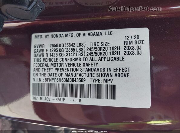 5FNYF6H63MB043509 2021 HONDA PILOT Maroon Շարժիչի բաժամունքի տեսք